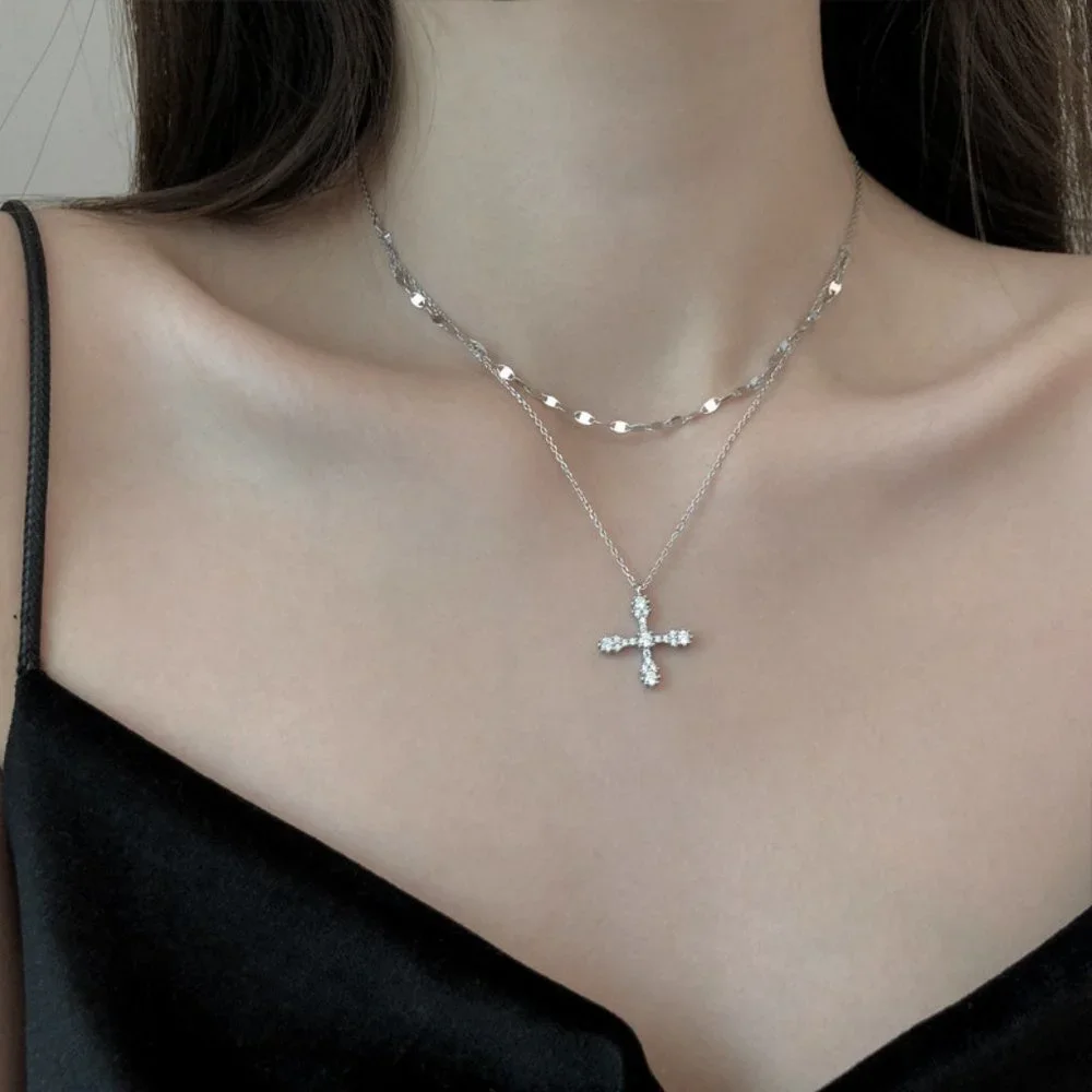 #NEW 925 Sterling Silver Diamond Cross Double Layer Necklace